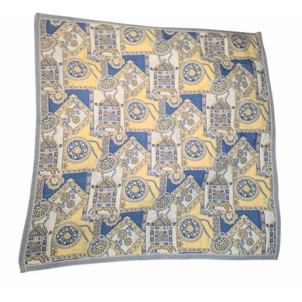 Vintage Chinoiserie Pagoda Tapestry Blue & Yellow Wall Hanging / Textile Art
